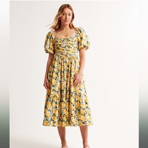 Abercrombie & Fitch Emerson Puff-Sleve Midi Dress in Linen Lemon Print size L